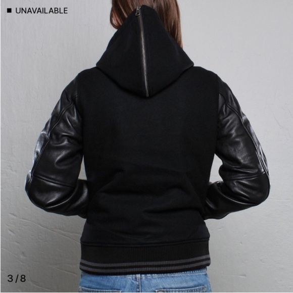 Nike NSW Black Leather Wool Hooded Destroyer Varsity Bomber Jacket Sz S Preppy - Picture 3 of 16